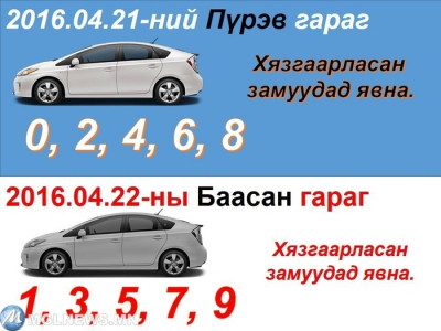 Өнөөдөр тэгш тоогоор төгссөн автомашин замын хөдөлгөөнд оролцоно