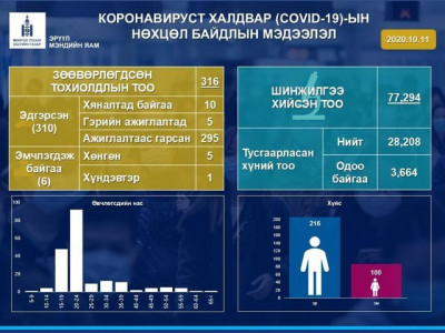 Нэг хүний сорьцод коронавиусийн халдвар илэрч, батлагдсан тохиолдлын тоо 316 боллоо