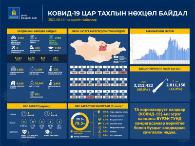 Улаанбаатарт 343, орон нутагт 1,110 хүн коронавирусийн халдвараар өвчилж, хоёр хүн нас баржээ