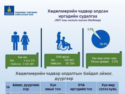 Хөдөлмөрийн чадвар алдсан иргэдийн тоо улсын хэмжээнд буурч, 3.2% боллоо