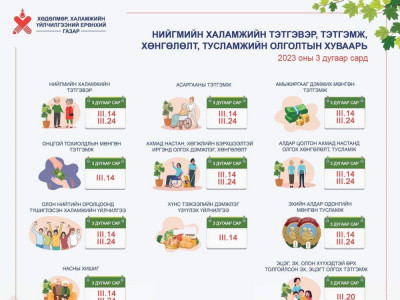 Энэ сард олгох тэтгэвэр, тэтгэмж, хөнгөлөлт, тусламжийн ХУВААРЬ