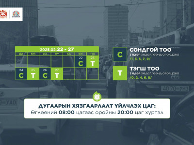 Автомашины улсын дугаарын ТЭГШ, СОНДГОЙ хязгаарлалт БААСАН гарагт үйлчилэхгүй